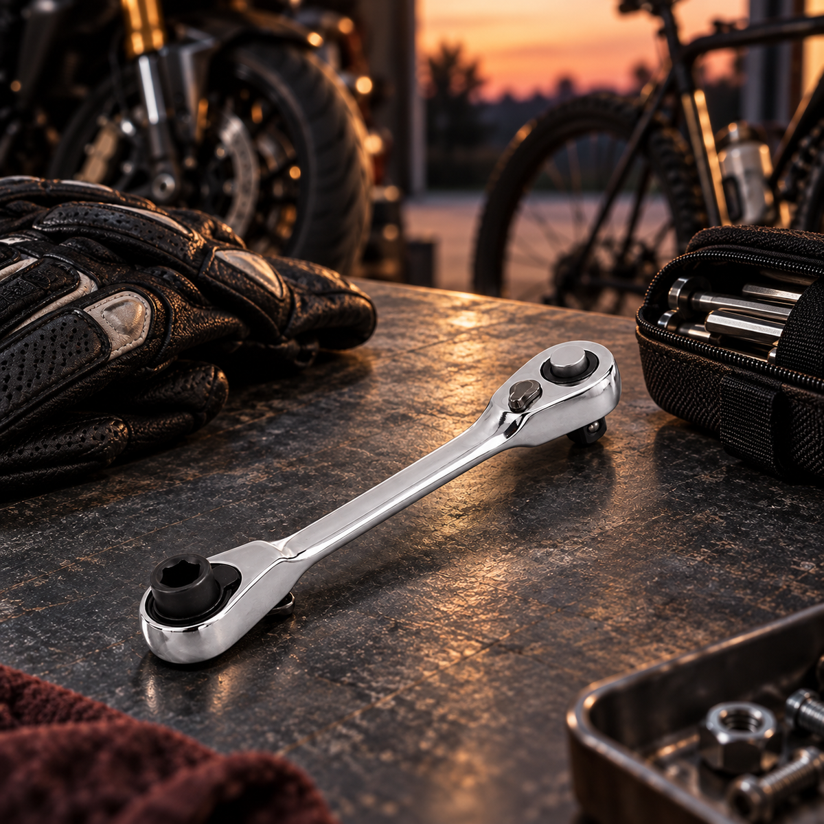 Double-end ratchet wrench with motorcycle and bicycle travel gear