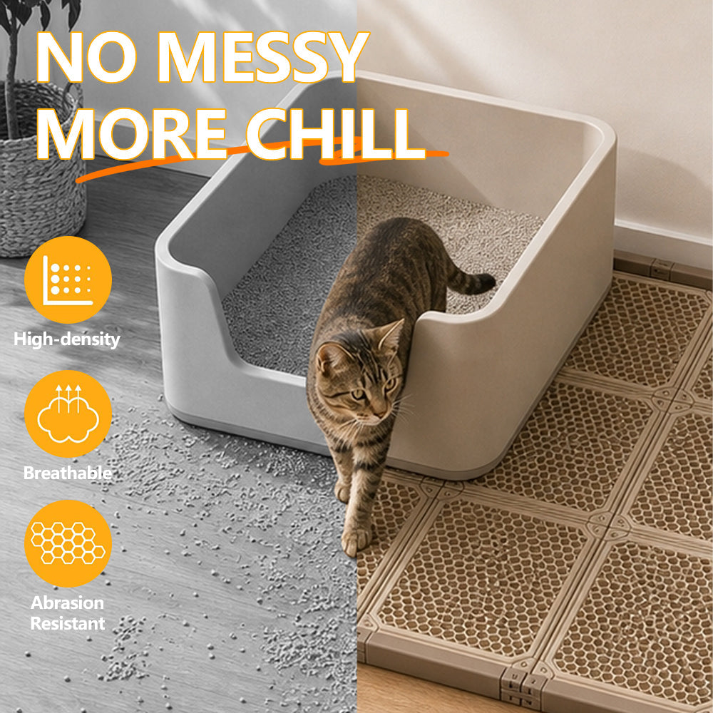 Modular cat litter mat system arranged beside a litter box