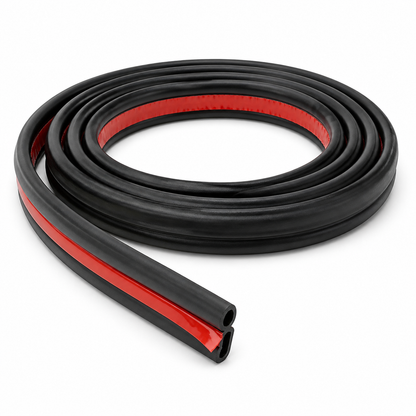 Black automotive rubber weatherstrip roll with red adhesive liner