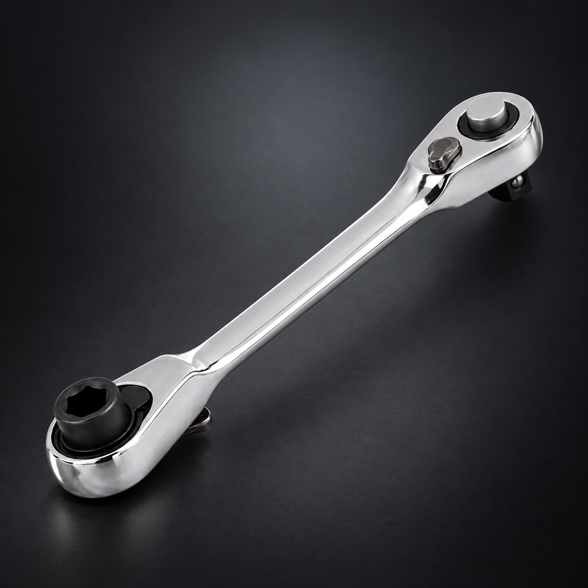 Pocket double-end ratchet wrench on a dark studio background