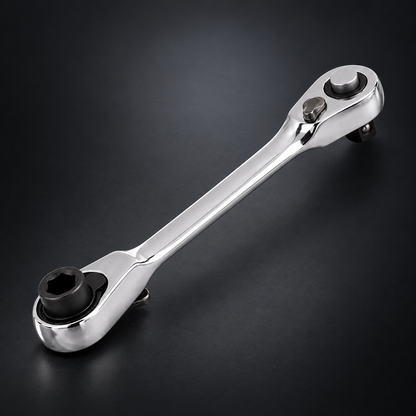 Pocket double-end ratchet wrench on a dark studio background