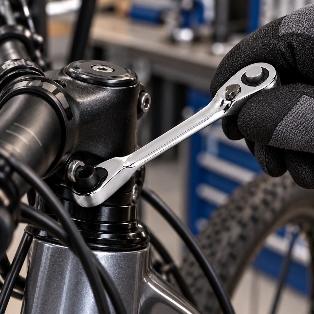 Compact ratchet wrench used on a bicycle in tight clearance