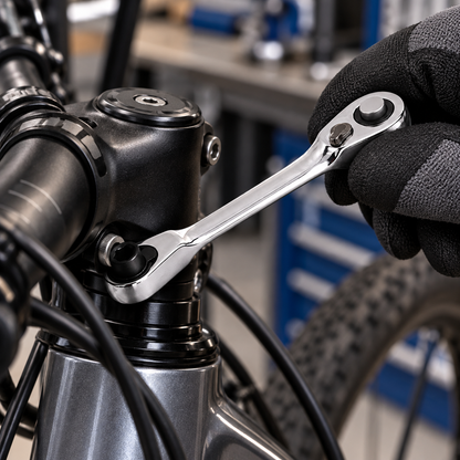 Compact ratchet wrench used on a bicycle in tight clearance
