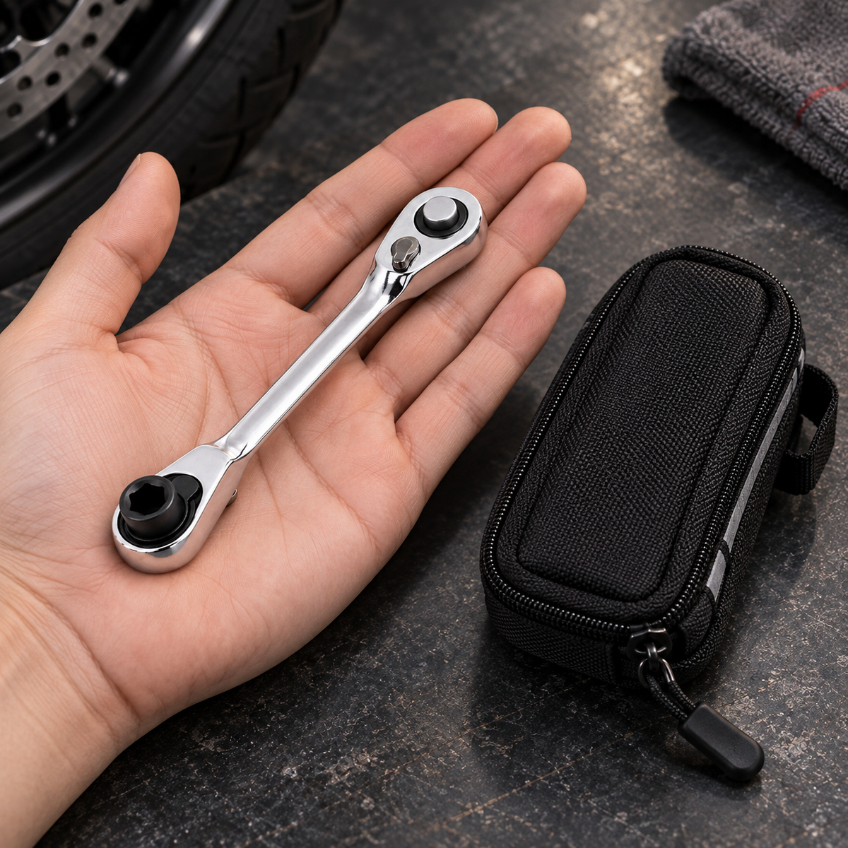 105 mm mini ratchet wrench resting in a hand beside a tool pouch