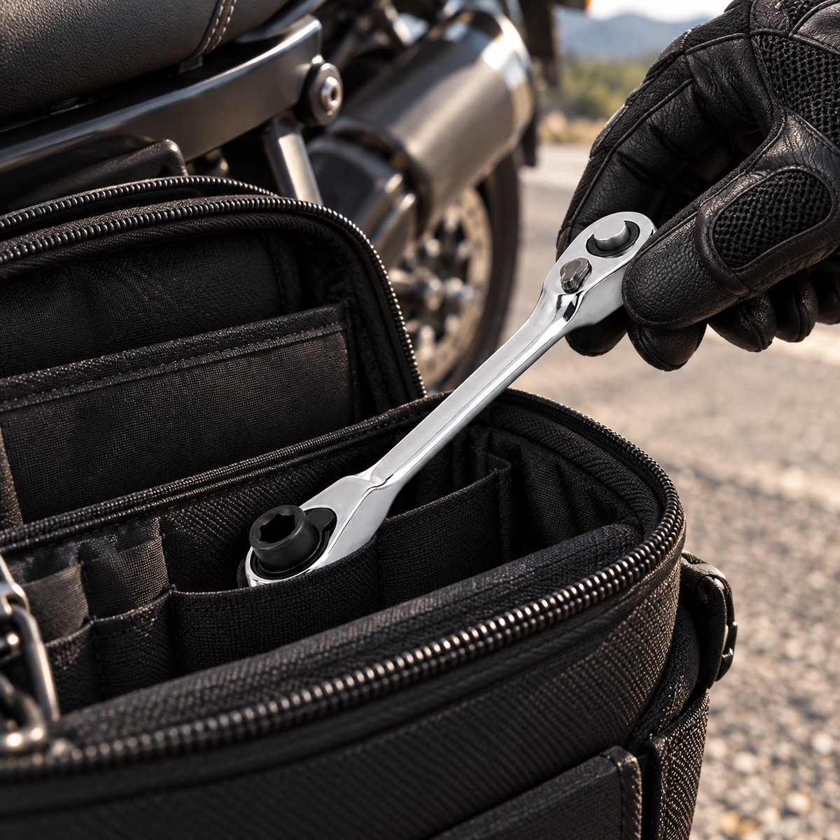 Compact ratchet wrench stored in a motorcycle tool organizer