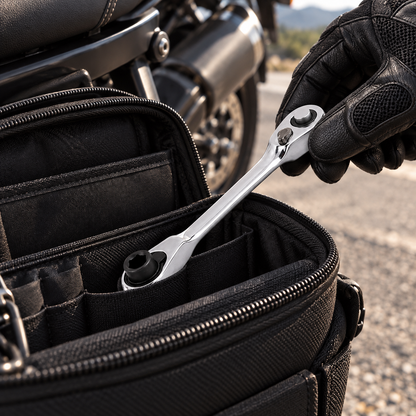 Compact ratchet wrench stored in a motorcycle tool organizer