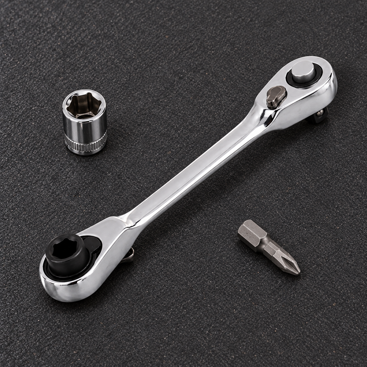 Double-end ratchet wrench beside compatible socket and hex bit examples