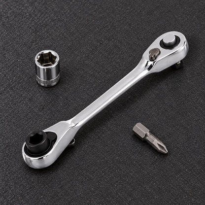 Double-end ratchet wrench beside compatible socket and hex bit examples