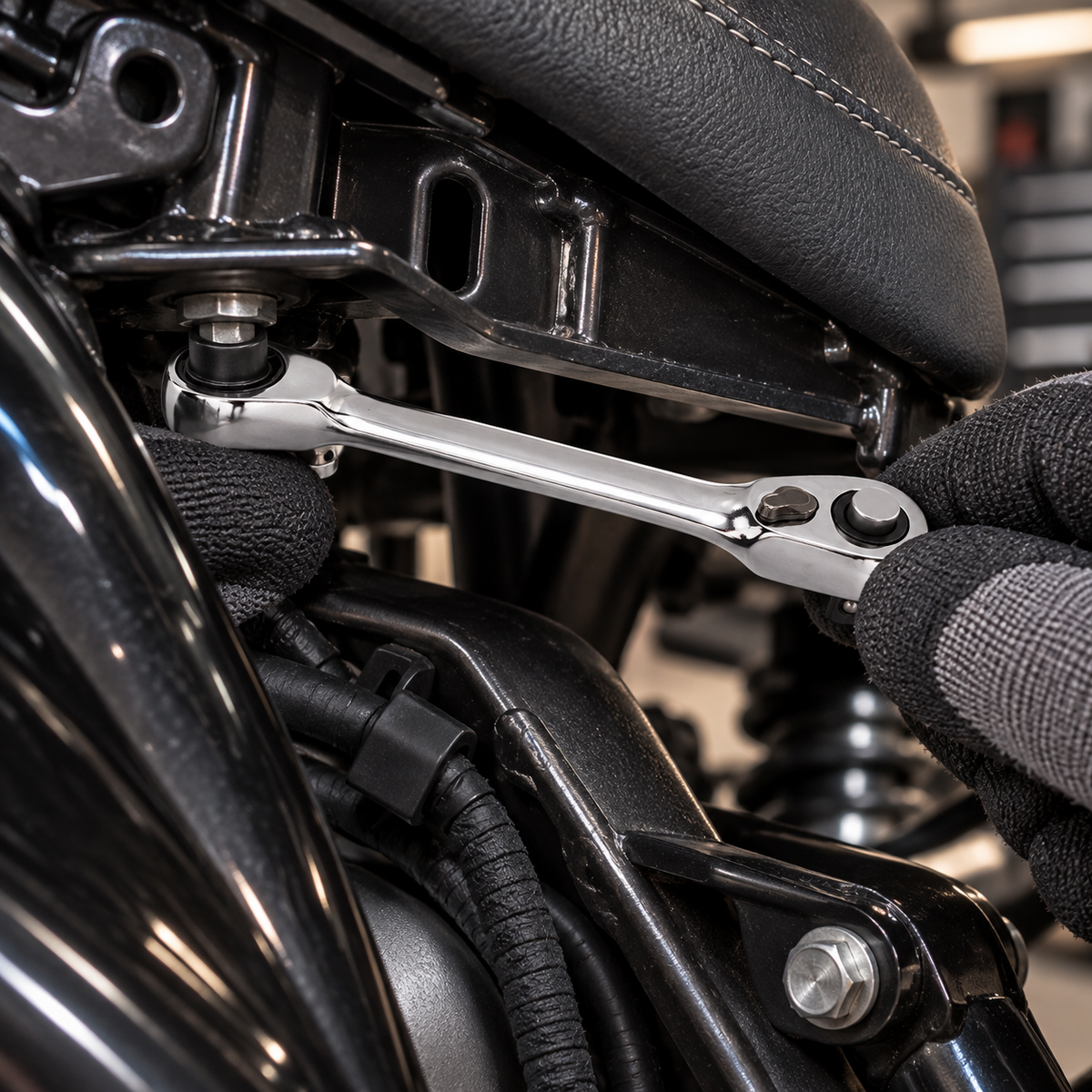 Mini ratchet wrench reaching a fastener beneath a motorcycle seat