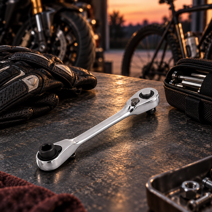Double-end ratchet wrench with motorcycle and bicycle travel gear