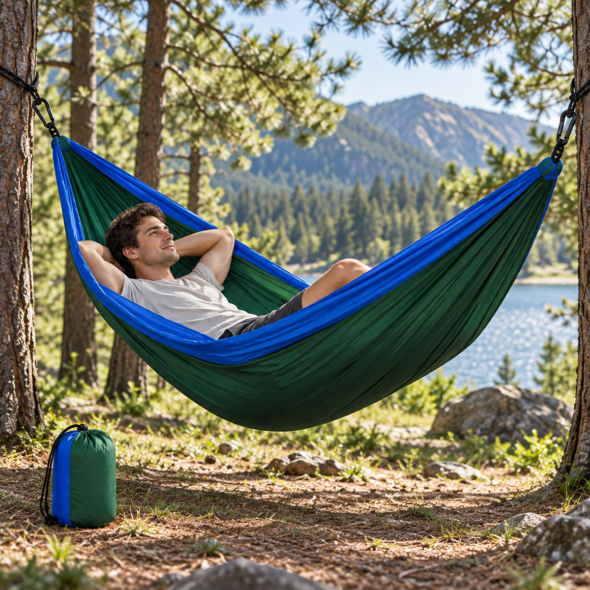 Green and blue nylon hammock at a lakeside forest campsite
