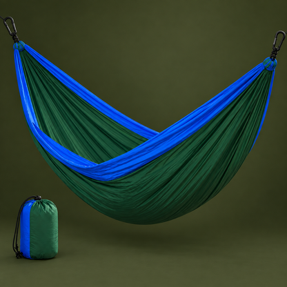 Green and blue nylon hammock with matching stuff sack