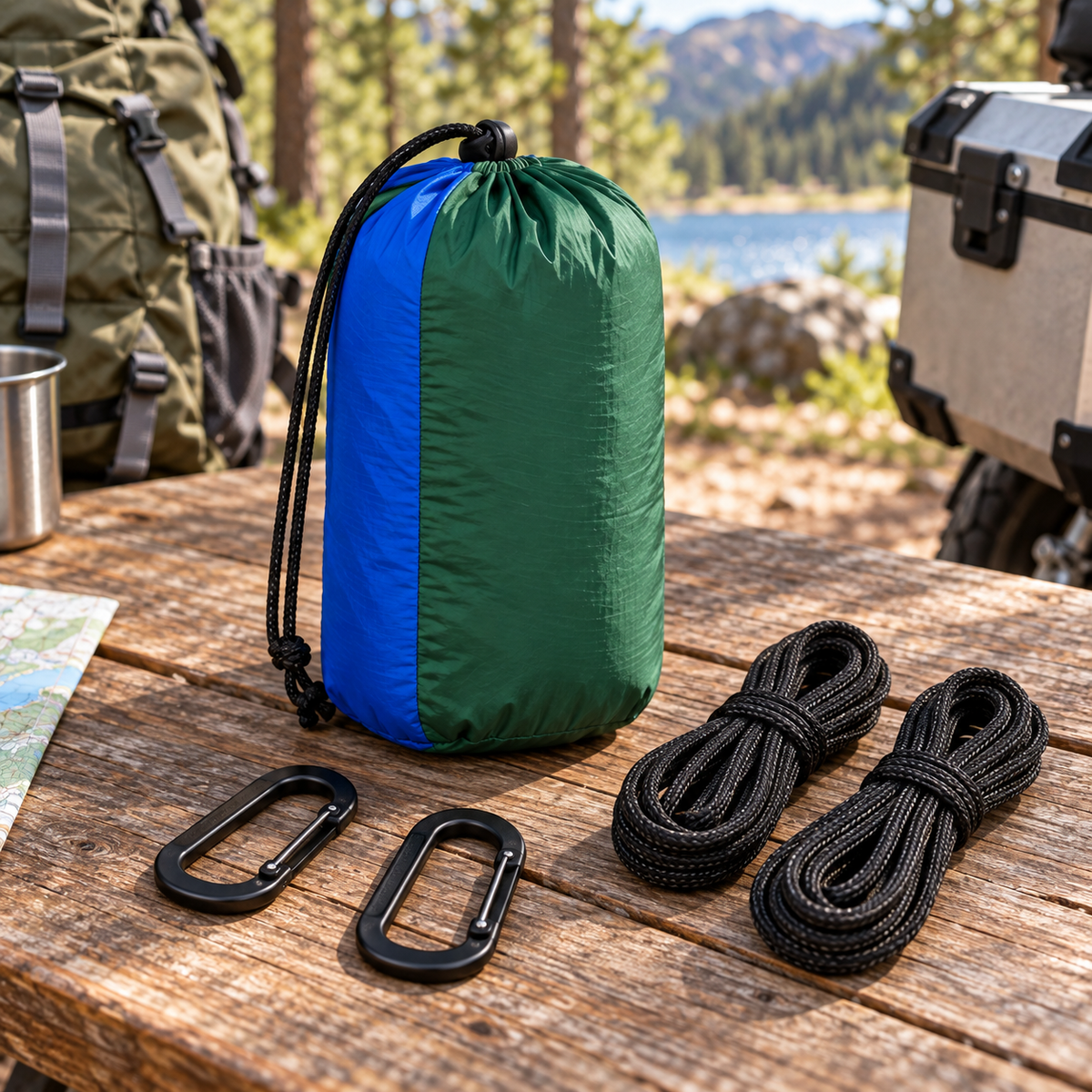 Packed nylon hammock with black ropes and two carabiners