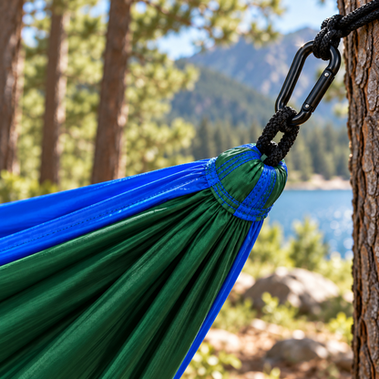 Close view of hammock seams, rope and carabiner