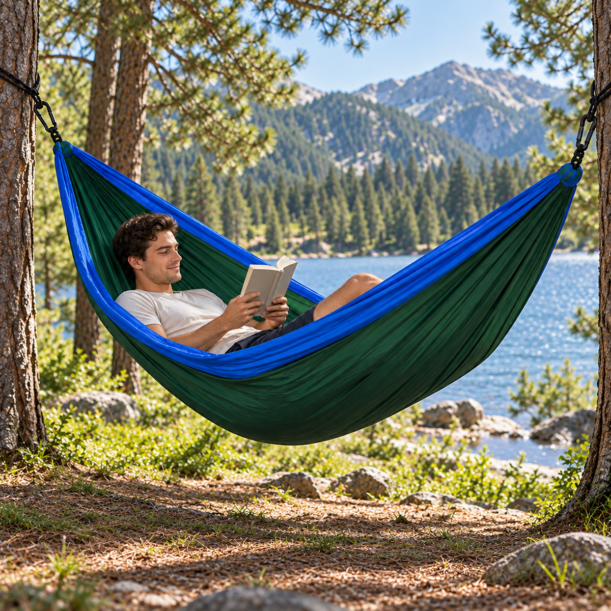 Adult reading in a green and blue campsite hammock