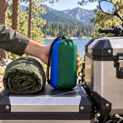 Packed hammock held beside motorcycle travel gear
