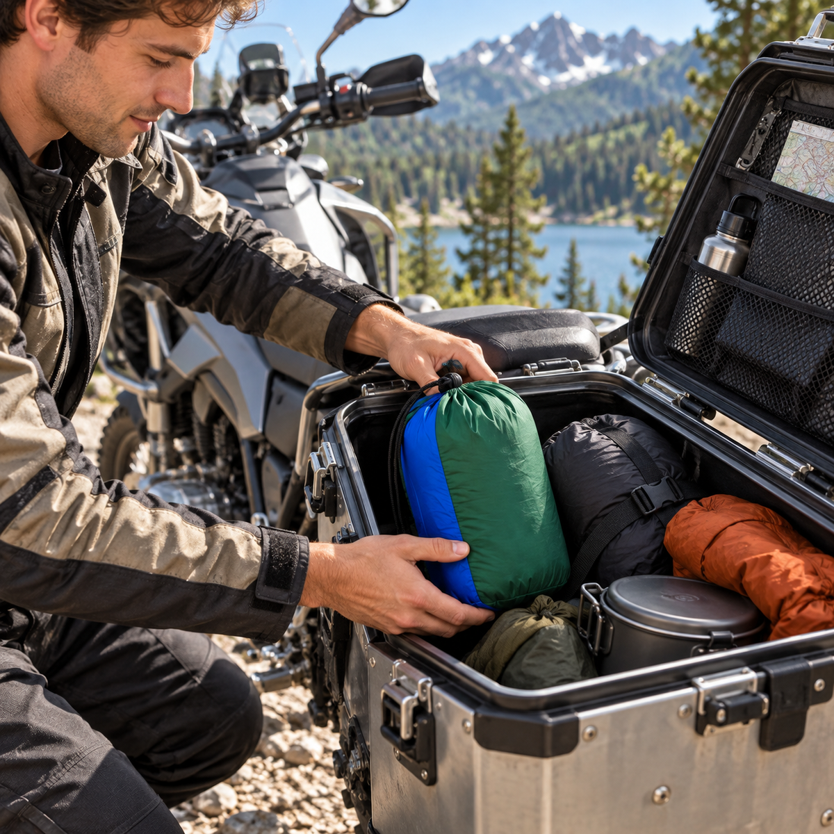 Packed hammock stored in a motorcycle pannier